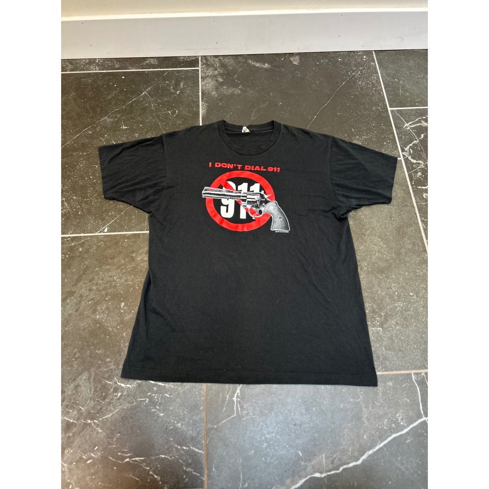 Vintage 80s I Don't Dial 911 Revolver Graphic T-Shirt Black Single Stitch Mens L